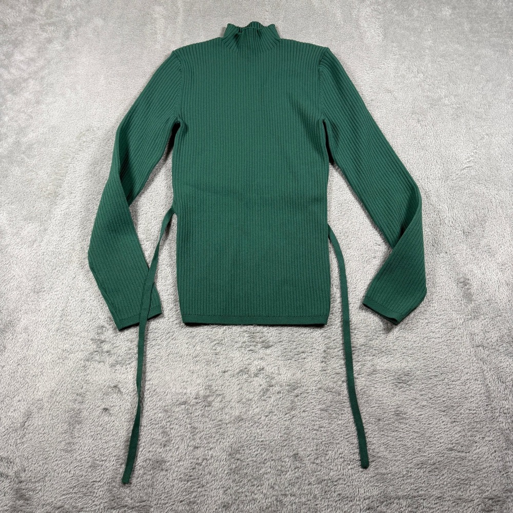 Babaton Sculpt Knit Tie Back Ribbed Top Womens XS Green Mock Neck Long Sleeve
